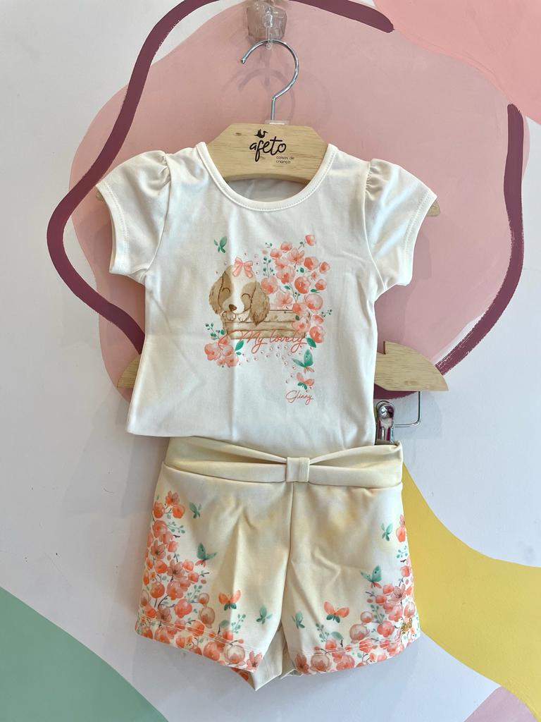 Conjunto Manga Curta Shorts Bograntex Infantil Fem Cachorrinha Flores