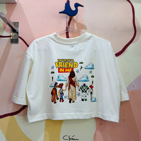 Blusa cropped Adulto Feminina Manga Curta Off Toy Story e Jesus