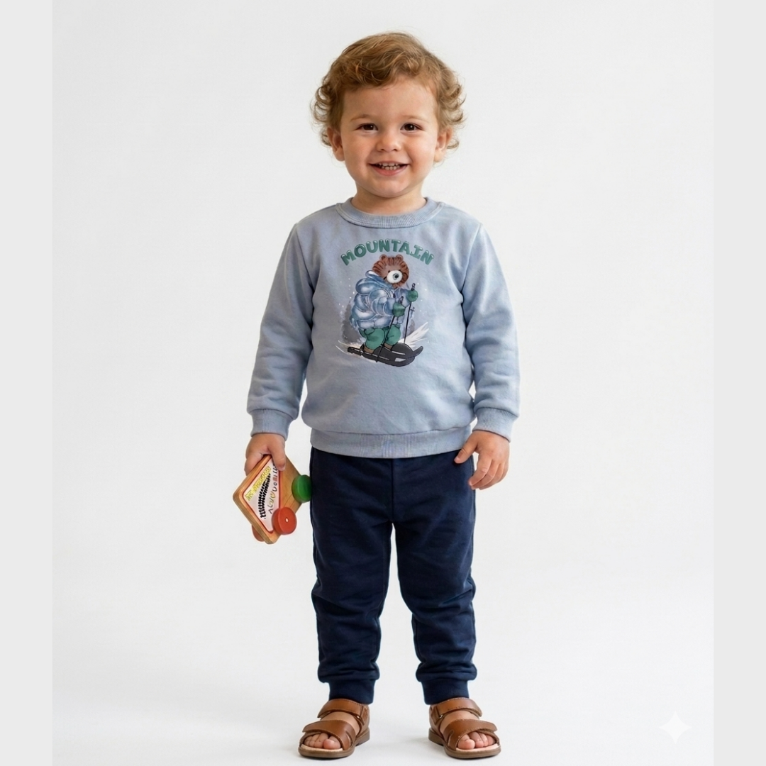 Conjunto Infantil Masculino Manga Longa Calça Flanelado Menino Urso Ski Azul