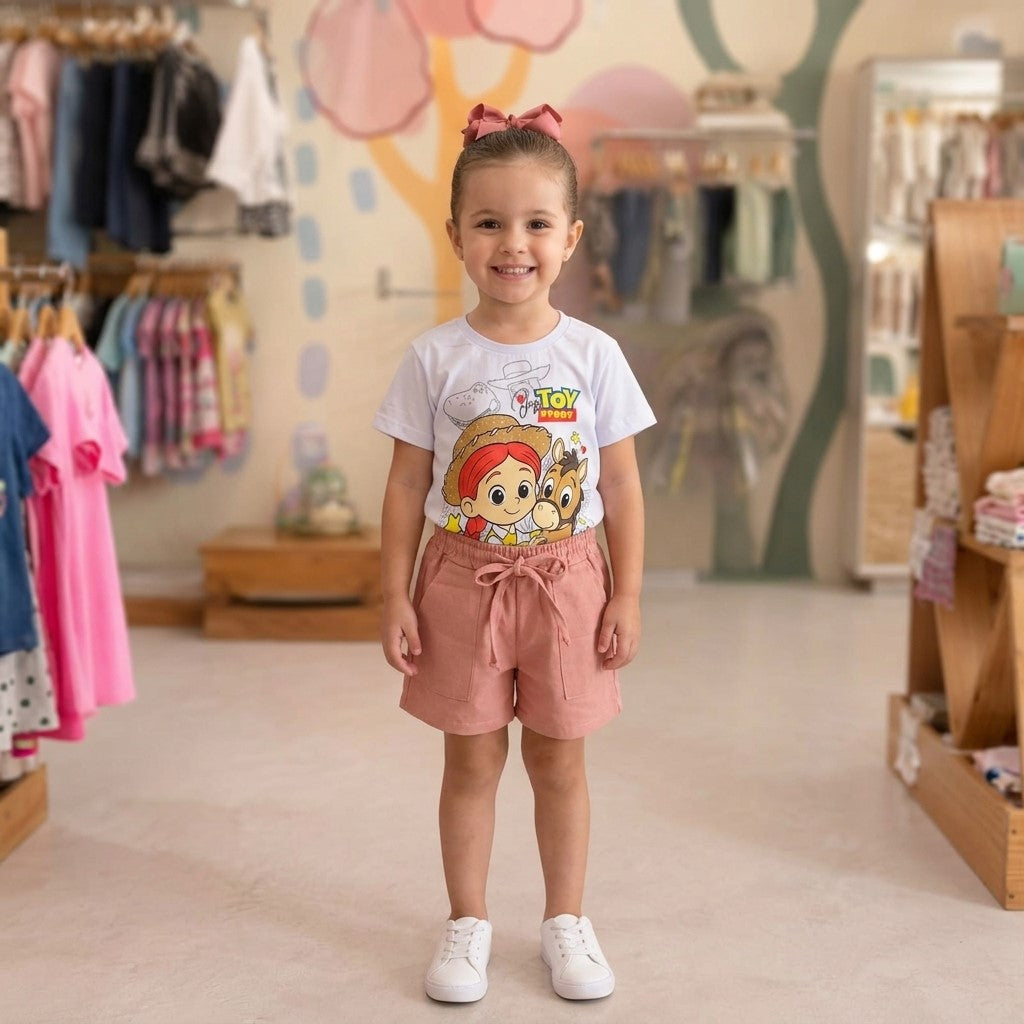 Conjunto Infantil Menina Blusa Manga Curta Branca e Shorts Rose Toy Story