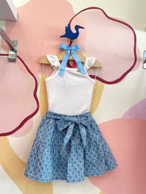 Conjunto regata saia menina Momi Bordado Laco Branco