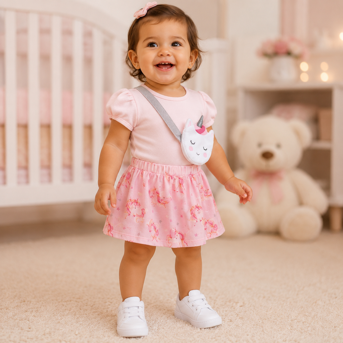 Conjunto Manga Curta Saia Growup Menina Tule Unicornio