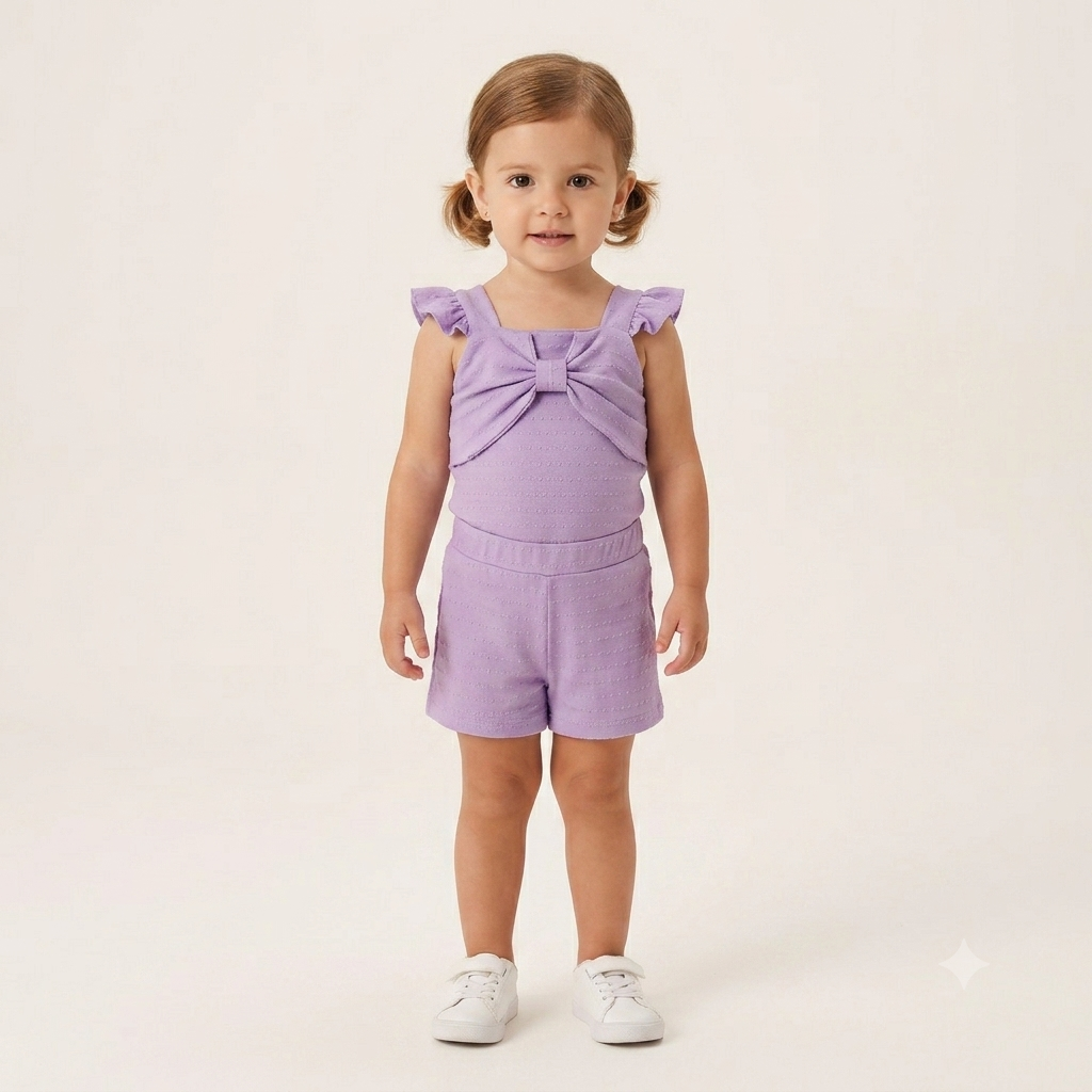 Conjunto Manga Curta Shorts menina Laco Pipoquinha Lilas