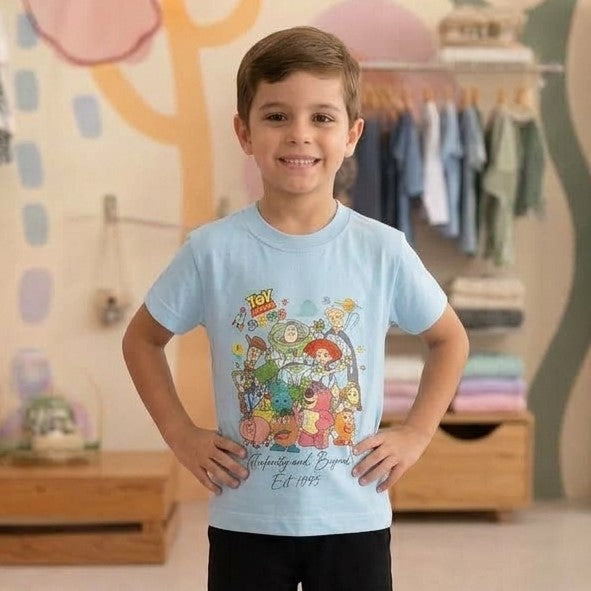 Camiseta Infantil Unissex Menino Menina Manga Curta Azul Toy Story Land