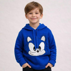 Blusa Tricot Infantil Inverno Capuz com Bolso Sonic Azul