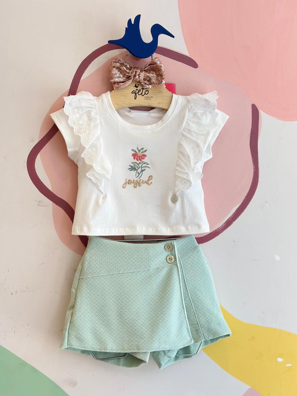 Conjunto Manga Curta Shorts Saia Kiki Xodo Menina Babado Lasie