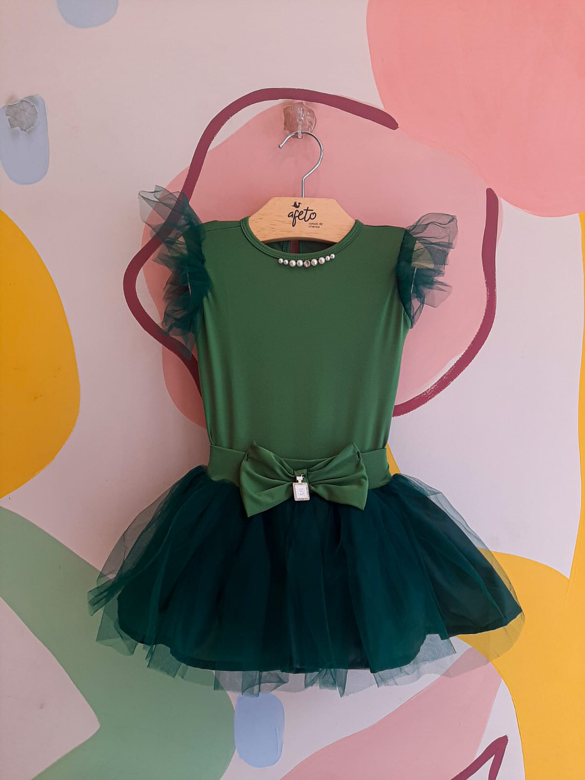 Body Manga Curta Yoyo Infantil Menina Manga Tule Perolas Verde