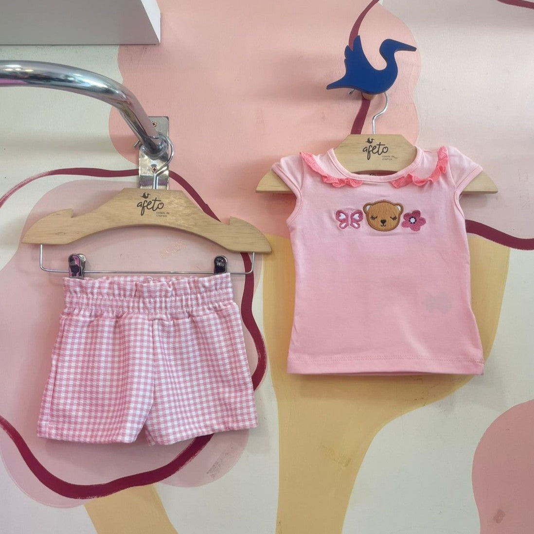 Conjunto Manga Curta Shorts menina Ursinha Xadrez