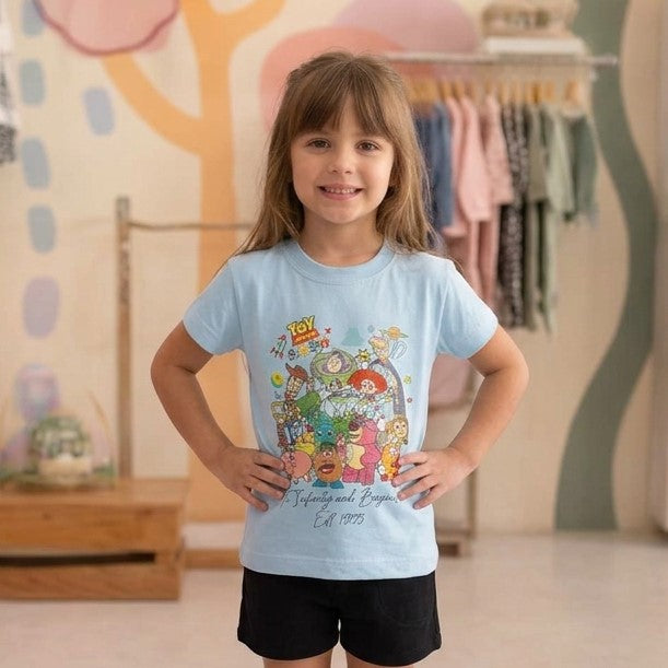 Camiseta Infantil Unissex Menino Menina Manga Curta Azul Toy Story Land