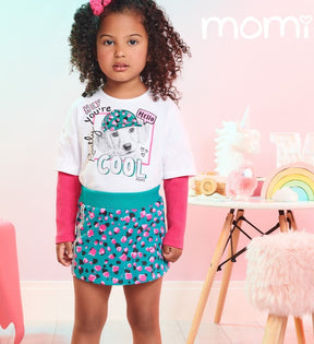 Conjunto Manga Longa Shorts Saia Momi Fem Infantil Dog Animal Print