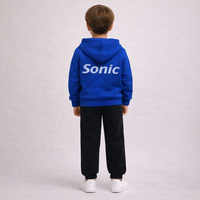 Blusa Tricot Infantil Inverno Capuz com Bolso Sonic Azul