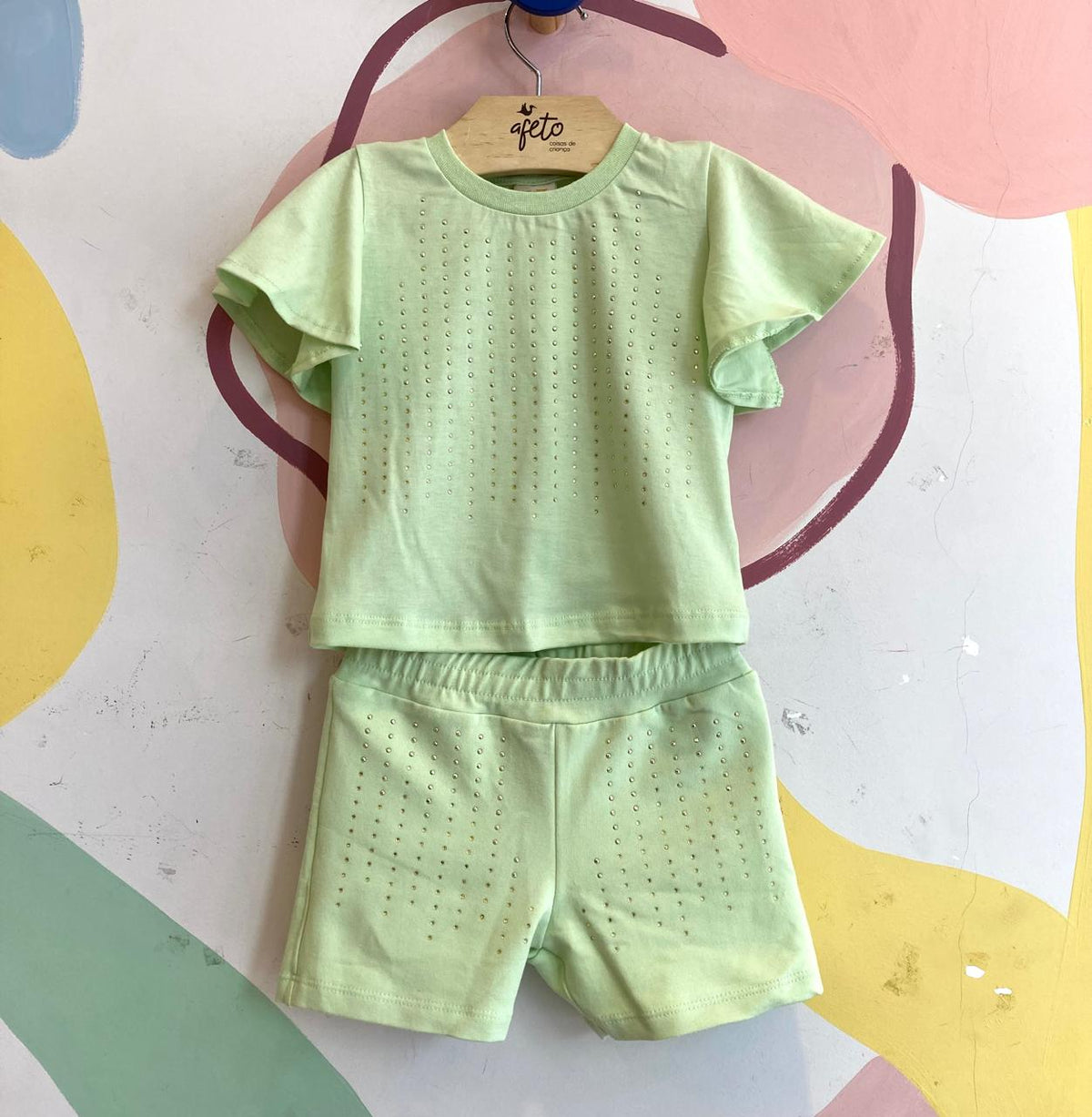 Conjunto Manga Curta Shorts menina Strass Manga Frufru Verde