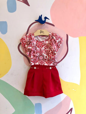 Conjunto manga curta shorts menina Ale Kids Arabescos Babados Vermelho Branco