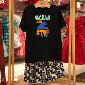 Conjunto manga curta Bermuda Hrradinhos menino Ocean Tactel Preto Branco