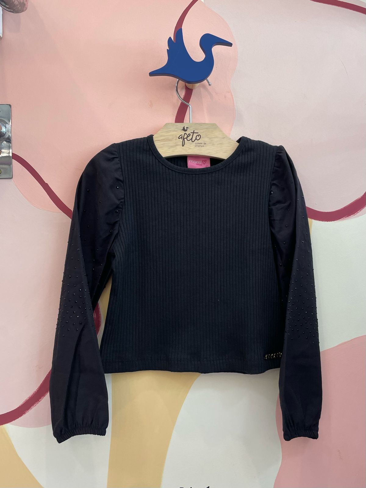 Blusa manga longa menina Momi Canelada Manga Strass Preto