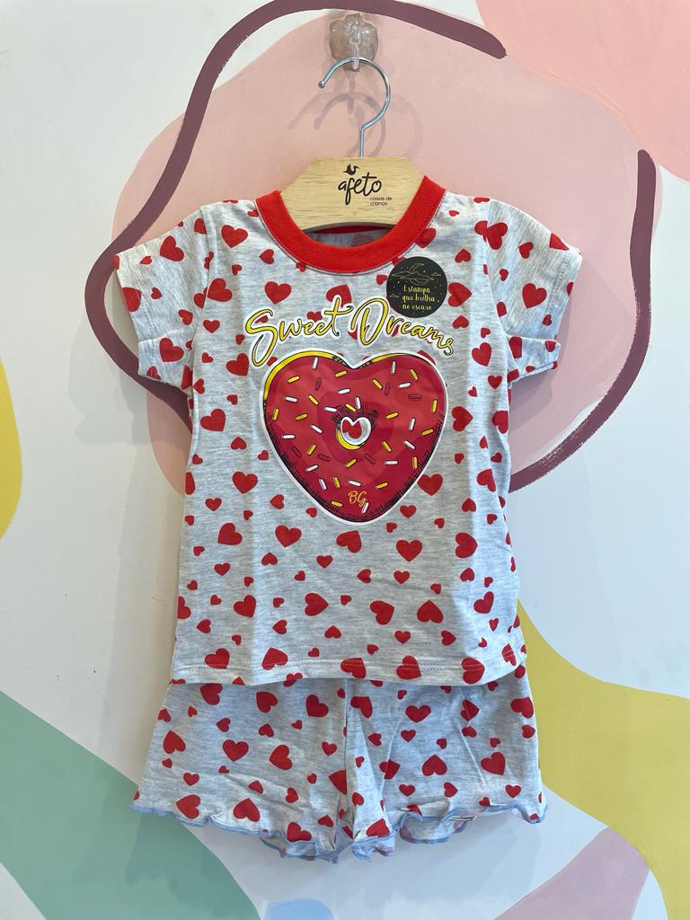 Pijama Manga Curta Shorts Boca Grande Infantil menina Coracoes