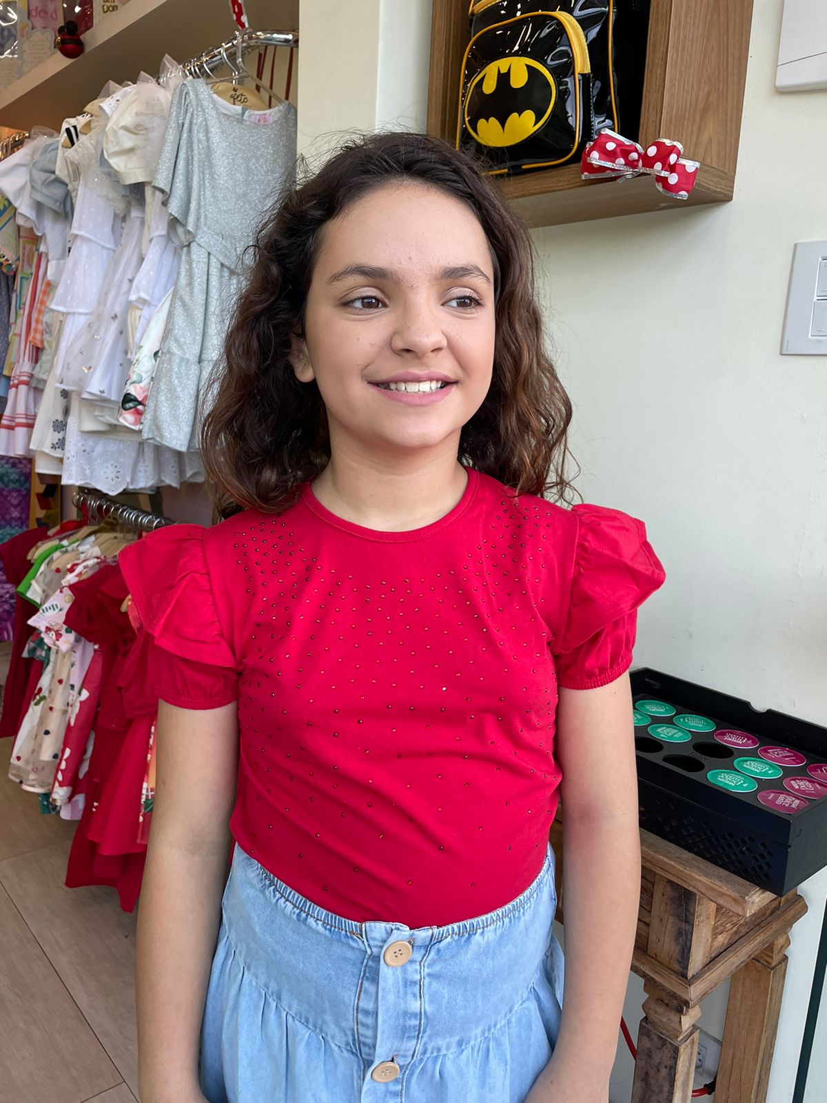 Blusa Manga Curta Momi Infantil Fem Strass Manga Bufante Vermelho