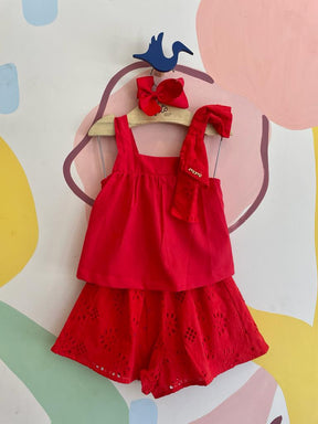 Conjunto Regata Shorts Momi Infantil menina Lasie Laco Ombro Vermelho