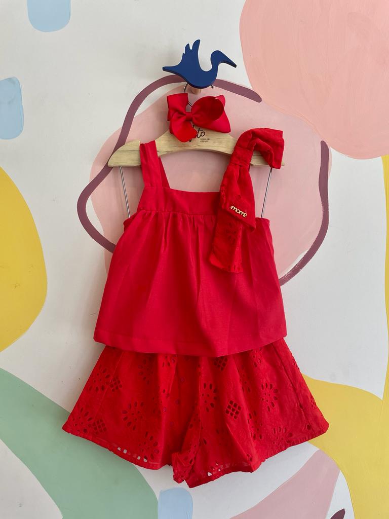 Conjunto Regata Shorts Momi Infantil menina Lasie Laco Ombro Vermelho