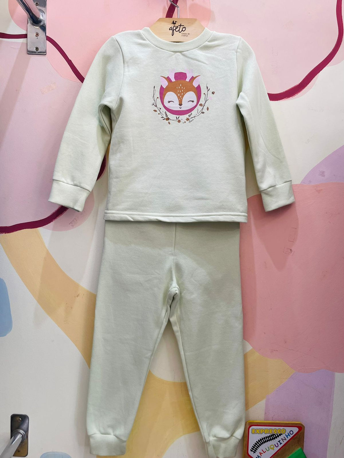 Conjunto Infantil Menina Manga Longa Flanelado com Calça de Punho em Algodão Rena Verde