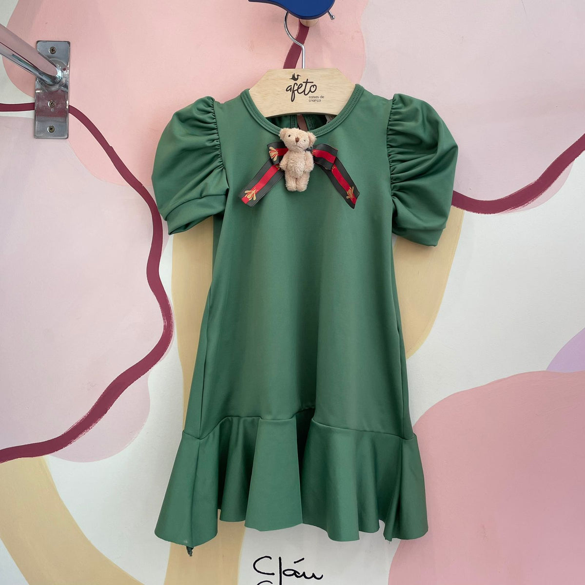 Vestido Manga Curta Yoyo Infantil Fem Manga Bufante Ursinho Verde