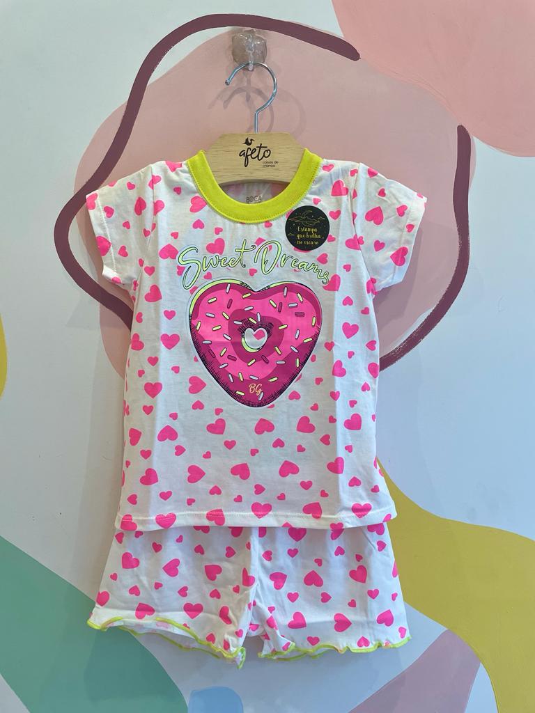 Pijama Manga Curta Shorts Boca Grande Infantil menina Coracoes lima rosa