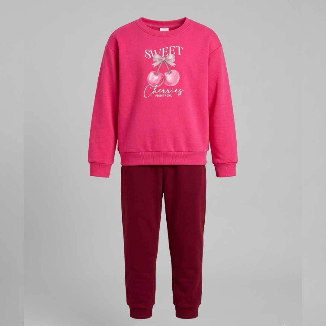 Conjunto Infantil Menina Manga Longa Calça Flanelado Menina Cereja Laco Rosa Marsala
