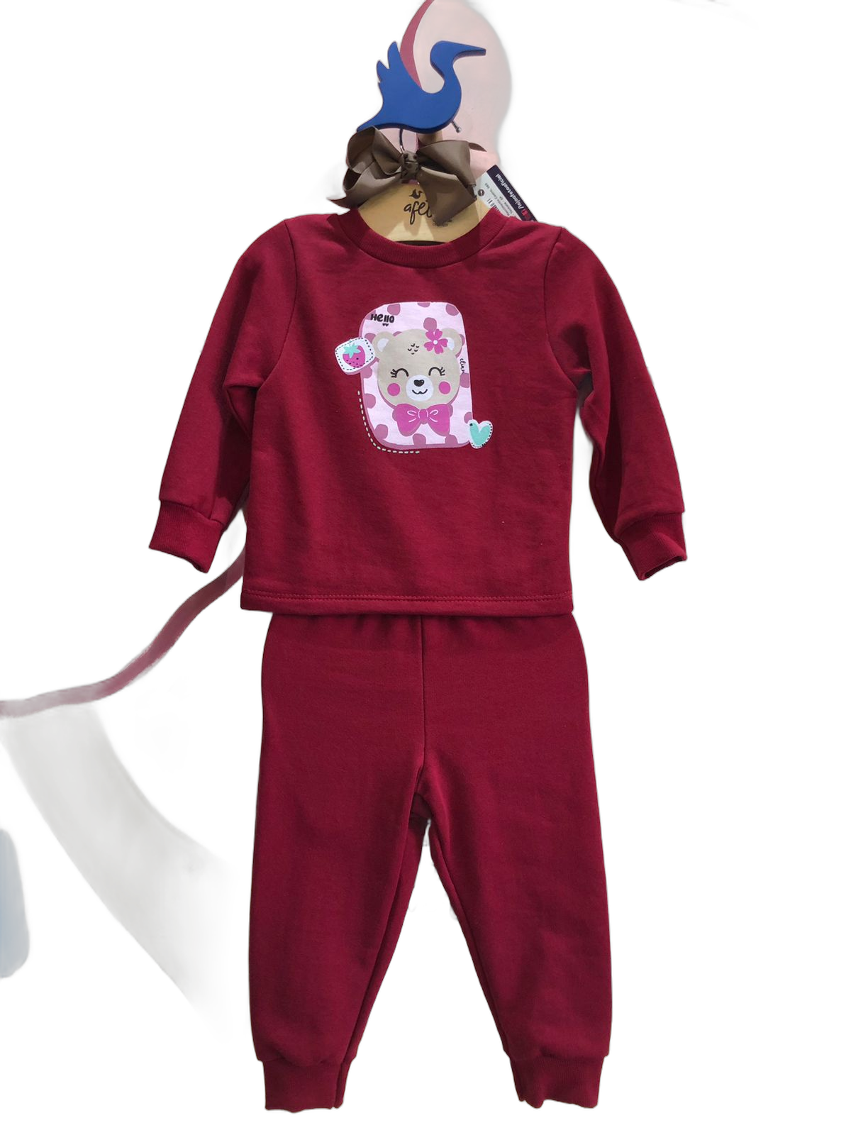 Conjunto Manga Longa Calça Flanelado Menina Elian Ursa Morango Marsala