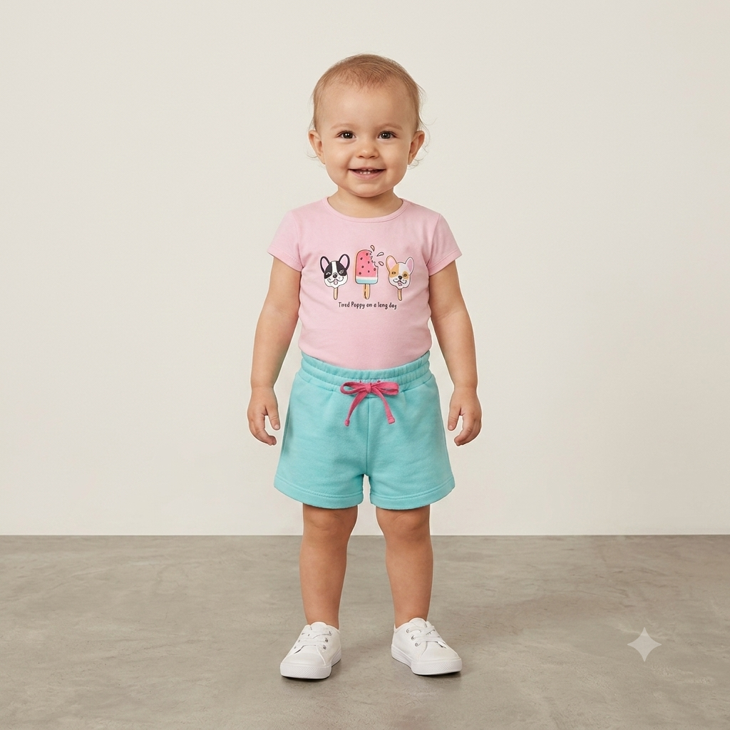 Conjunto Manga Curta Shorts menina Cachorro Sorvete