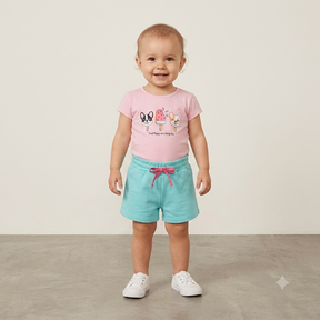 Conjunto Manga Curta Shorts menina Cachorro Sorvete