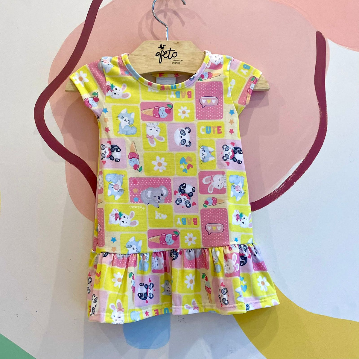 Vestido Manga Curta Kaiani Infantil menina Babado Bichinhos