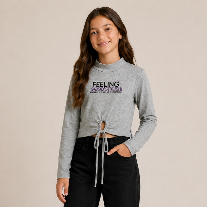 Blusa Manga Longa Juvenil Menina Feeling Algodão Cinza