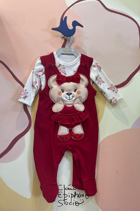 Macacao Manga Longa Upi Uli Infantil menina Jardineira com Body Ursa Vermelho