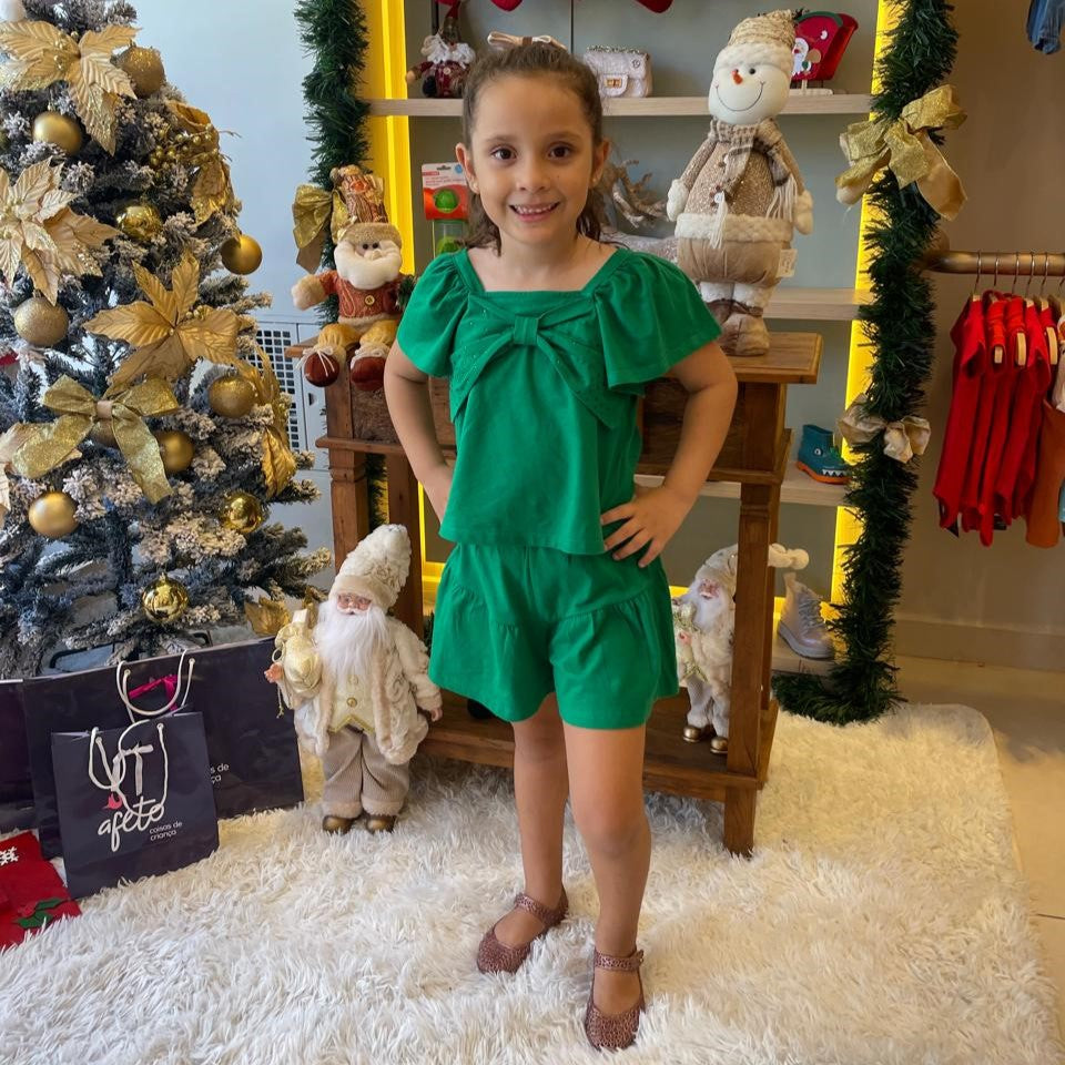 Conjunto Manga Curta Shorts Momi Menina Laço Verde