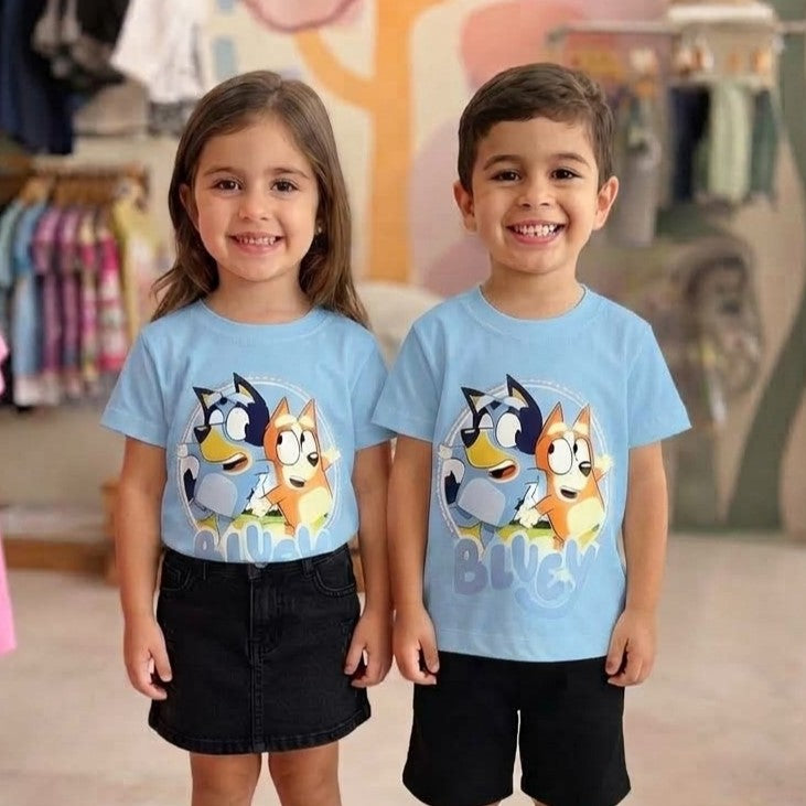Camiseta Infantil Unissex Menino Menina Manga Curta Azul Bluey