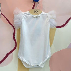 Body Manga Curta Yoyo Infantil Menina Manga Tule Perolas Branco