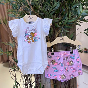 Conjunto Body Momi manga curta Shorts Saia menina Tom E Jerry
