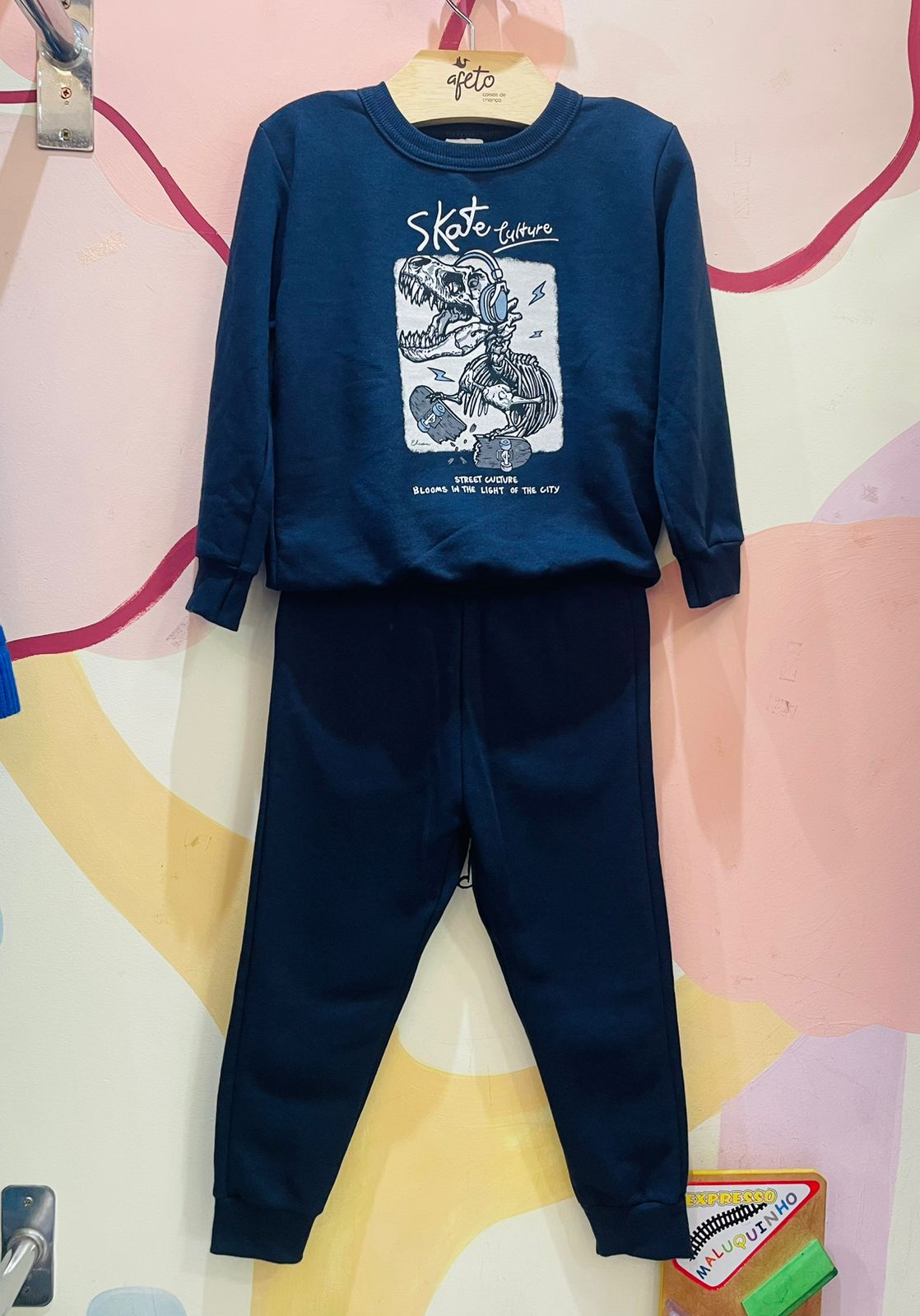 Conjunto Infantil Masculino Manga Longa Calça Flanelado Menino Dino Skate Marinho