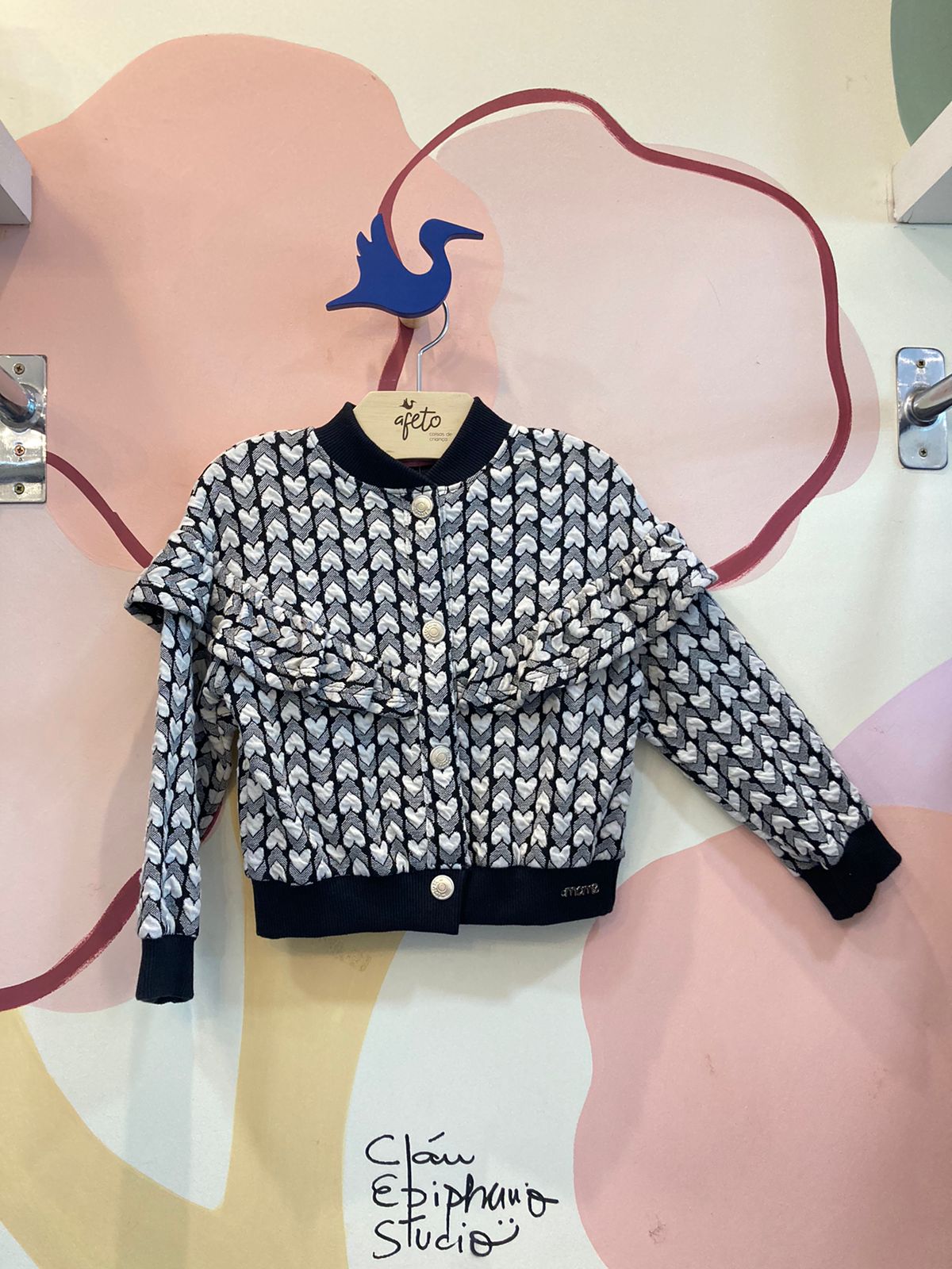 Jaqueta manga longa menina Momi Jacquard Coracoes Preto Branco