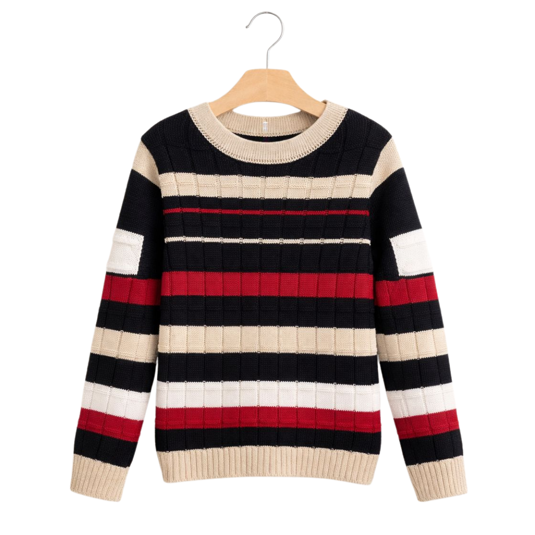 Blusa Sueter Inverno Tricot Infantil  Listras Nude Preto Vermelho