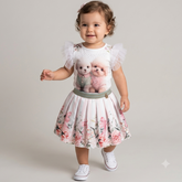 Conjunto Manga Curta Saia Yoyo Infantil menina Cachorrinhos Manga Tule
