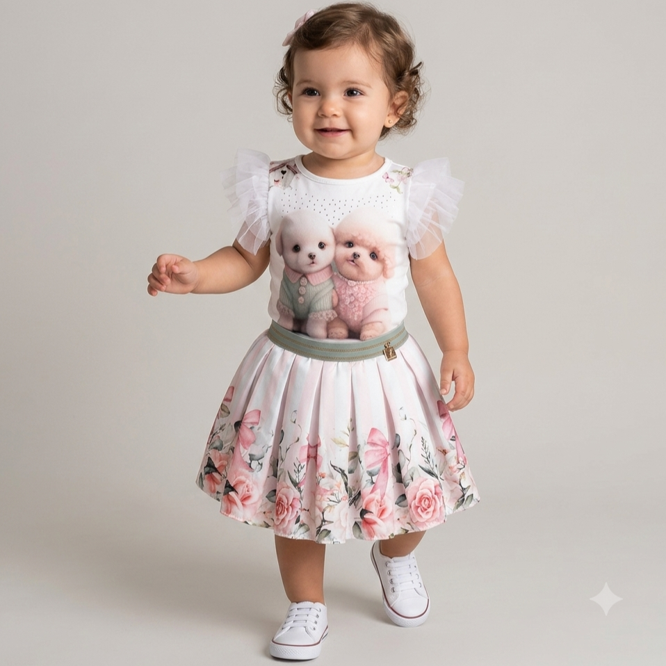 Conjunto Manga Curta Saia Yoyo Infantil menina Cachorrinhos Manga Tule
