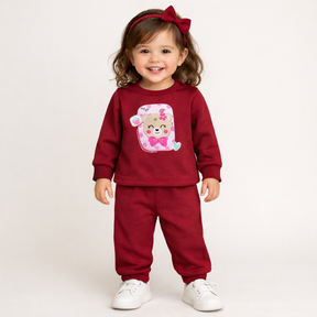 Conjunto Manga Longa Calça Flanelado Menina Elian Ursa Morango Marsala