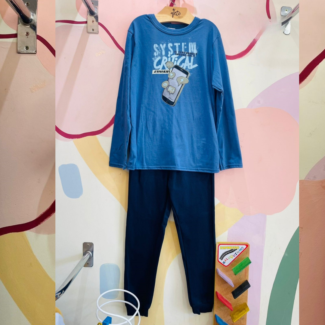 Conjunto Infantil Masculino Manga Longa Calça Moletinho Menino Celular Azul Marinho
