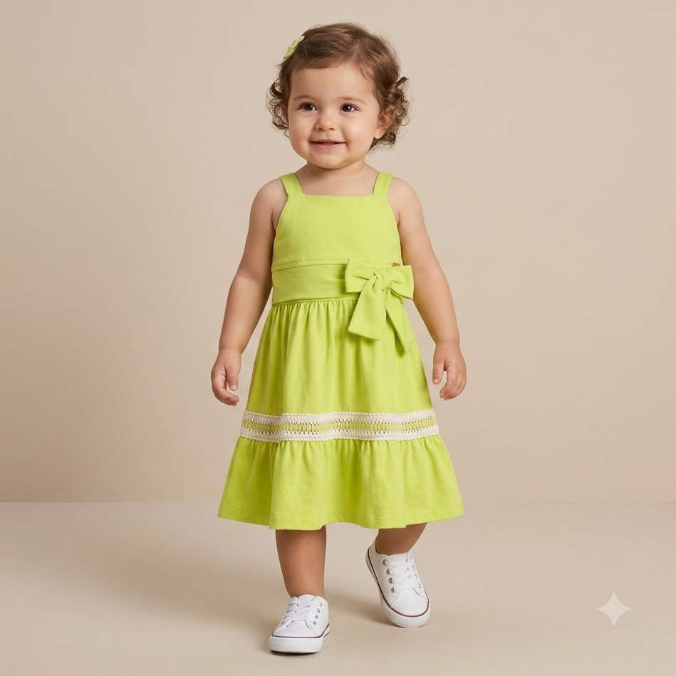 Vestido Regata Momi Infantil Fem Midi Laço Verde Lima