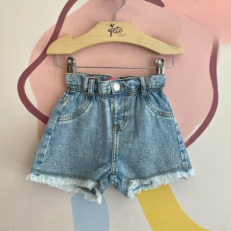 Conjunto Infantil Menina Manga Curta Babado Ombro e Shorts Jeans Strass Momi