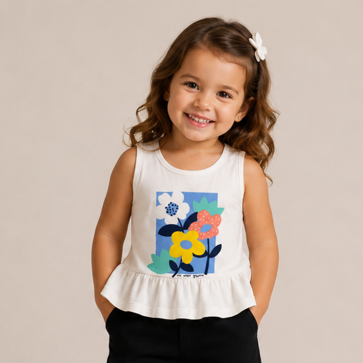 Blusa Manga Curta Infantil Hering Flores Algodão Off White