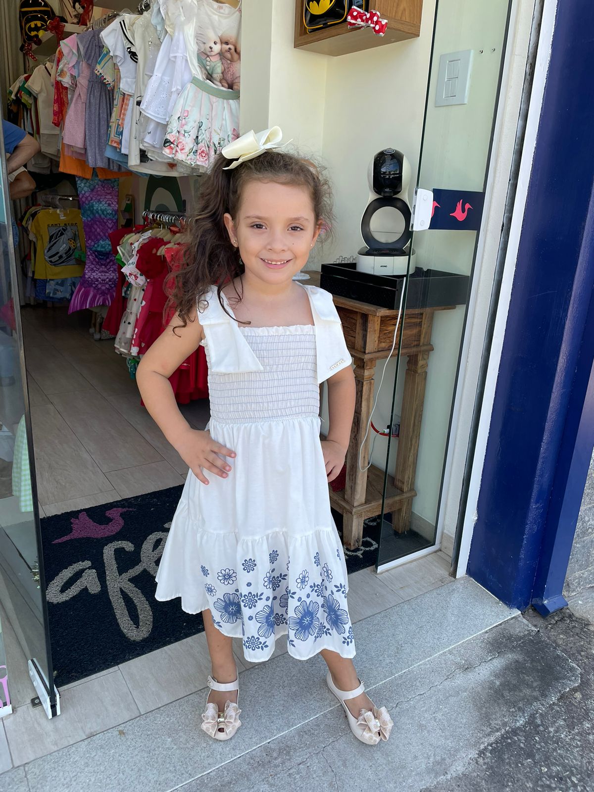 Vestido Regata Momi Infantil menina Lastex Flores Branco Azul