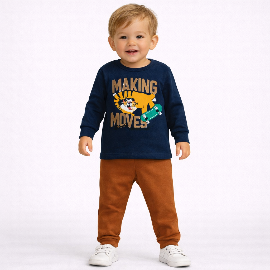 Conjunto Infantil Masculino Manga Longa Calça Moletinho Menino Tigre Skate Terracota
