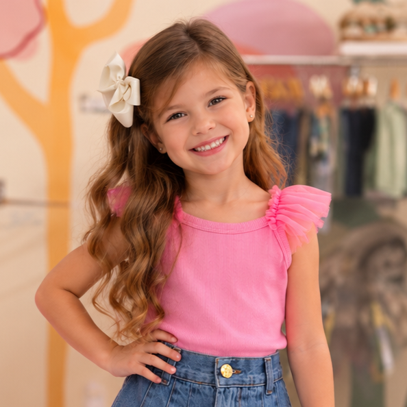 Blusa Infantil Menina Regata Canelada Tule Rosa Mon Sucre